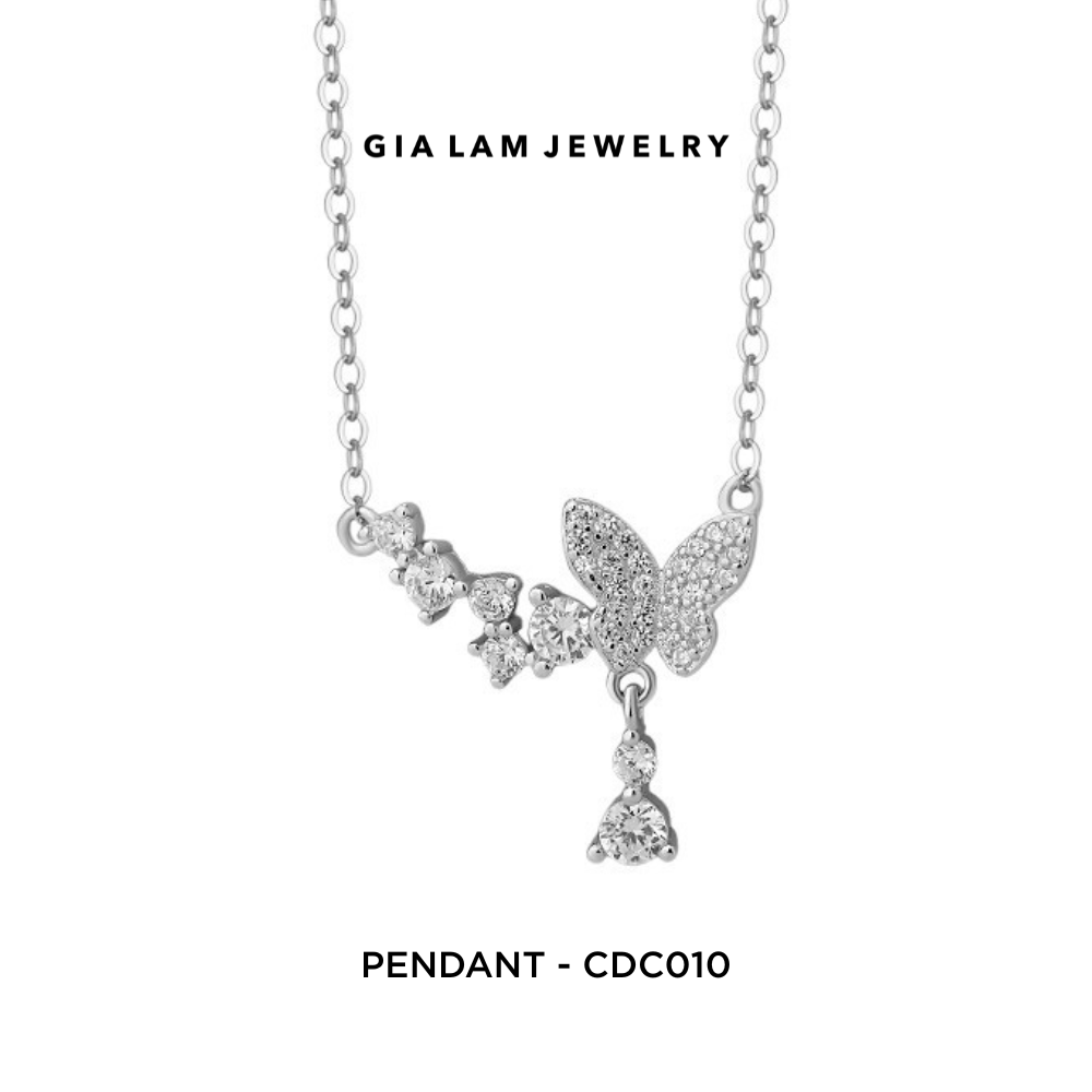 925 Sterling Silver Pavé Butterfly Pendant with Drop Accent Necklace