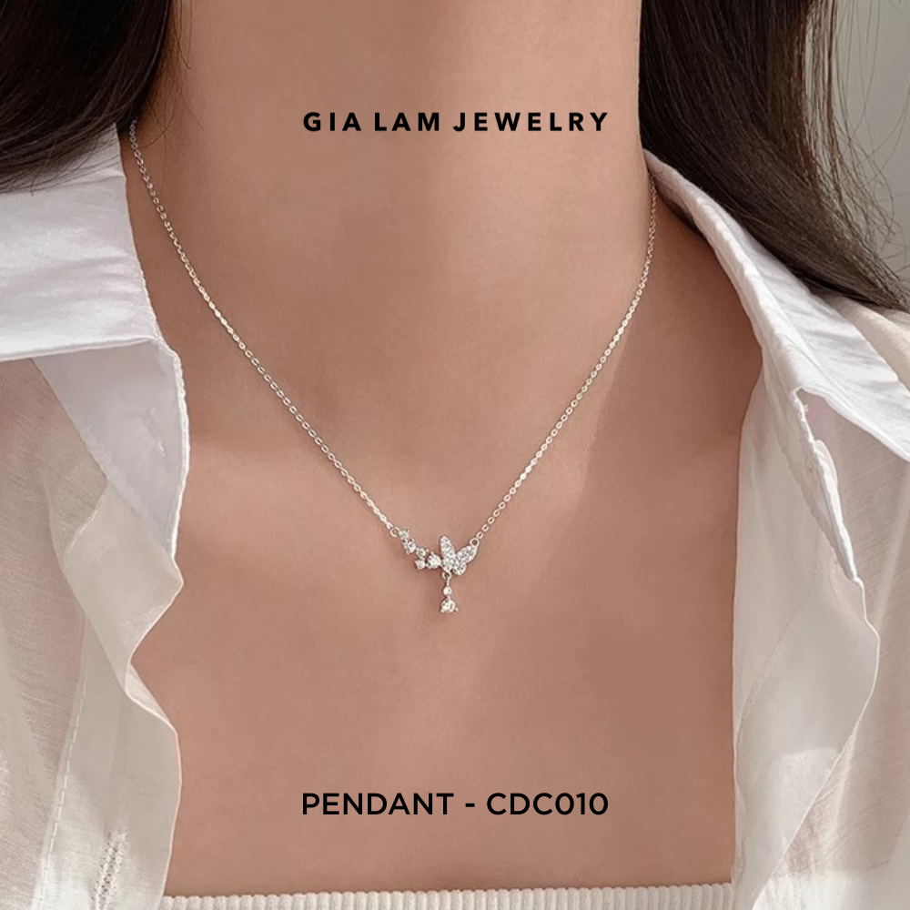 925 Sterling Silver Pavé Butterfly Pendant with Drop Accent Necklace