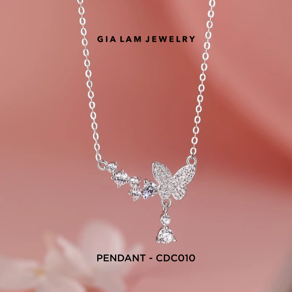925 Sterling Silver Pavé Butterfly Pendant with Drop Accent Necklace