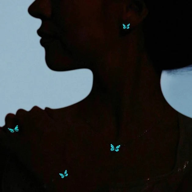 Ladies Blue Butterfly Necklace, Light in Dark