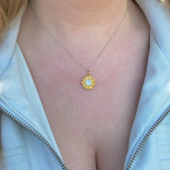 Sunflower Cubic Zirconia Gold Plated Silver, Wearing on Neck