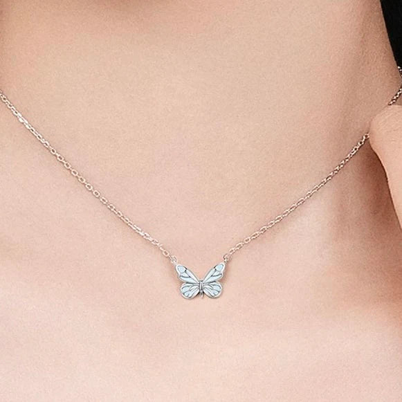 Blue Butterfly Necklace, Wearing on Neck